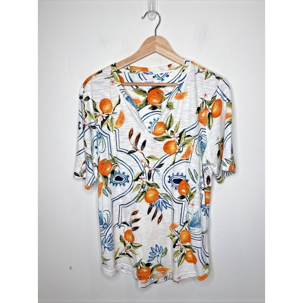 Chico's Fruit Citrus Orange Print V-Neck Slub Knit T-Shirt Vacation Preppy 1 M